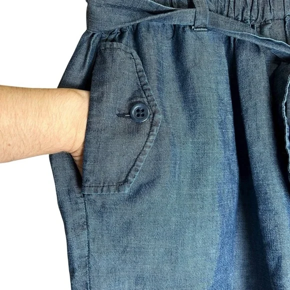 TRINA TURK Serenity High Waist Paper Bag Shorts Linen Blend Chambray Sz Large - Picture 7 of 10